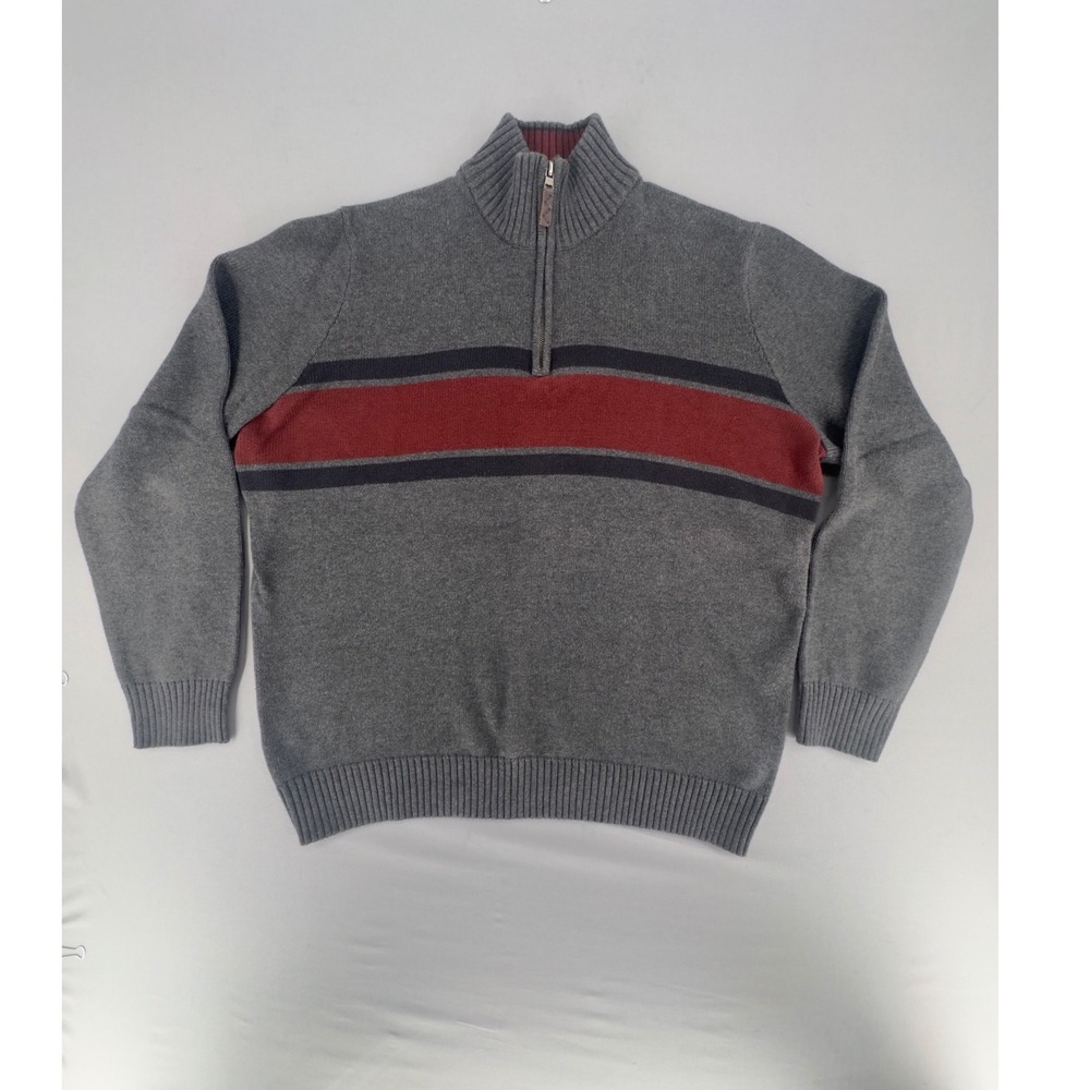 Eddie Bauer Mens XL Tall Gray Striped 100% Cotton Quarter Zip Pullover Sweater